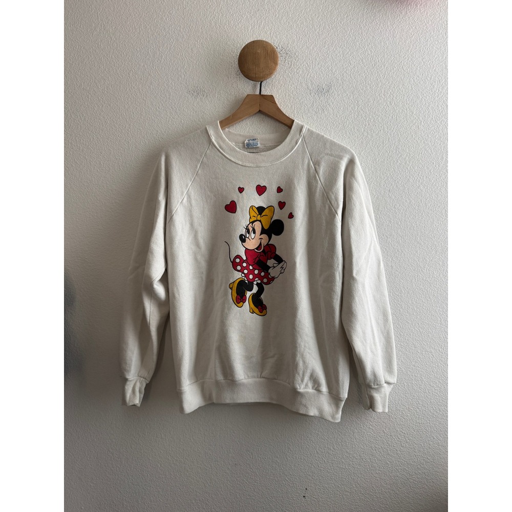 Vintage Disney Minnie Mouse Hearts Sweatshirt White Large USA *Stains*